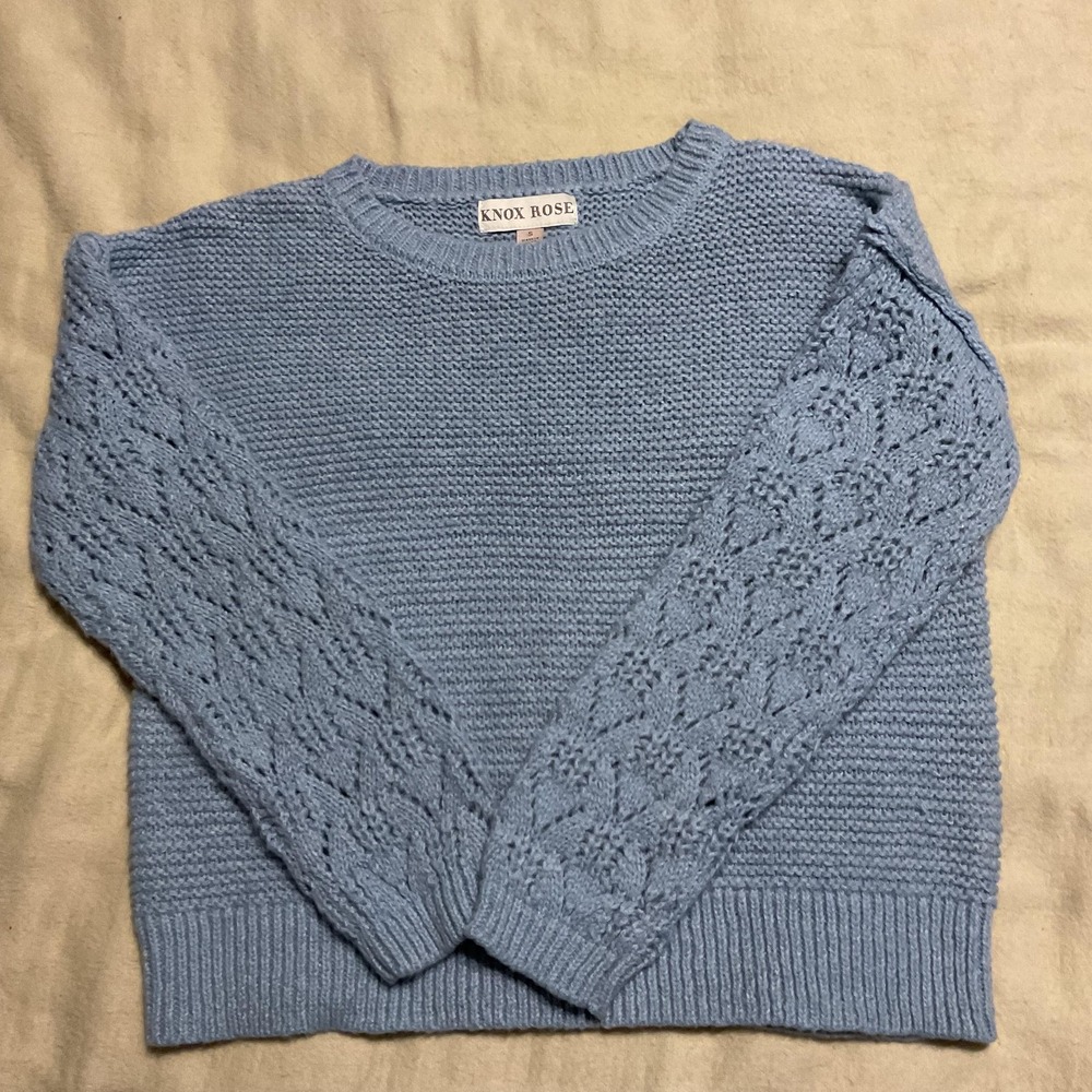 Knox Rose Sweater Womens Small Blue Crochet Lace Sleeve Knit Crewneck Pullover